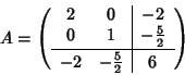 \begin{displaymath}A=
\left(
\begin{array}{cc\vert c}
2 & 0 & -2 \\
0 & 1 & ...
...ine
-2 & -\frac{5}{2} & 6\rule{0pt}{10pt}
\end{array}\right)
\end{displaymath}