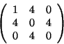 \begin{displaymath}\left(
\begin{array}{ccc}
1 & 4 & 0 \\
4 & 0 & 4 \\
0 & 4 & 0
\end{array} \right)
\end{displaymath}