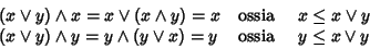 \begin{displaymath}\begin{array}{lcl}
(x\vee y)\wedge x = x \vee(x \wedge y)=x ...
...y \vee x)= y &\hbox{\rm {ossia
}} & y \le x \vee y
\end{array}\end{displaymath}