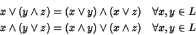 \begin{eqnarray*}x\vee(y\wedge z)=(x\vee y) \wedge(x \vee z) \quad \forall x,y\i...
...e(y\vee z)=(x\wedge y) \vee(x \wedge z) \quad \forall x,y\in L
\end{eqnarray*}