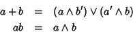 \begin{eqnarray*}a+b & = & (a\wedge b')\vee(a'\wedge b) \\
ab & = & a \wedge b
\end{eqnarray*}