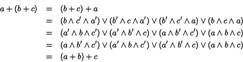 \begin{eqnarray*}a+(b+c) & = & (b+c)+a \\
& = & (b \wedge c' \wedge a') \vee(b...
...edge b' \wedge c) \vee
(a \wedge b \wedge c) \\
& = & (a+b)+c
\end{eqnarray*}