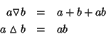 \begin{eqnarray*}a \triangledown b & = & a + b + ab \\
a \vartriangle b & = & ab
\end{eqnarray*}