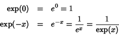 \begin{eqnarray*}\exp(0) & = & e^0=1\\
\exp(-x) & = & e^{-x}=\frac{1}{e^x}=\frac{1}{\exp(x)}
\end{eqnarray*}