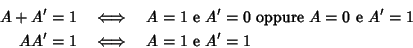 \begin{eqnarray*}A + A' = 1 & \iff & A = 1 \hbox{\rm { e }} A' = 0 \hbox{\rm { o...
... }}
A' = 1
\\
AA' = 1 & \iff & A = 1 \hbox{\rm { e }} A' = 1
\end{eqnarray*}