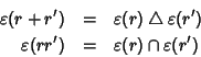 \begin{eqnarray*}\varepsilon(r+r') & = &\varepsilon(r)\bigtriangleup\varepsilon(r')
\\
\varepsilon(rr') & = & \varepsilon(r)\cap\varepsilon(r')
\end{eqnarray*}