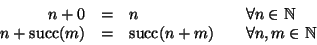 \begin{displaymath}\begin{array}{rclcl}
n+0 & = & n &\quad & \forall n\in\mathb...
...\nolimits(n+m) &\quad & \forall n,m \in \mathbb N
\end{array} \end{displaymath}