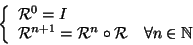 \begin{displaymath}\left\{
\begin{array}{ll}
{\cal R}^0=I \\
{\cal R}^{n+1}=...
...}^n\circ{\cal R}&\forall n \in \mathbb N
\end{array} \right.
\end{displaymath}