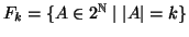 $F_k=\{A\in 2^\mathbb N\mid \left\vert A\right\vert = k\}$