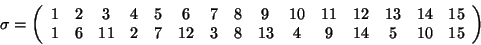 \begin{displaymath}
\sigma = \left(
\begin{array}{ccccccccccccccc}
1 & 2 & 3 ...
...2 & 3 & 8 & 13 & 4 & 9 & 14 & 5 & 10 & 15
\end{array} \right)
\end{displaymath}