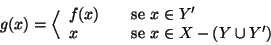 \begin{displaymath}g(x)=\Big\langle
\begin{array}{lcl}
f(x) &&\hbox{\rm {se }} x\in Y' \\
x &&\hbox{\rm {se }} x\in X-(Y\cup Y')
\end{array}\end{displaymath}