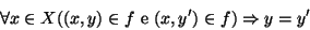 \begin{displaymath}\forall x\in X ((x,y)\in f \hbox{\rm { e }} (x,y')\in f ) \Rightarrow y=y'
\end{displaymath}