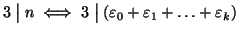 $3\mathrel{\big\vert}n \iff 3\mathrel{\big\vert}(\varepsilon_0+\varepsilon_1+\dots+\varepsilon_k)$