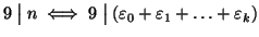 $9\mathrel{\big\vert}n \iff 9\mathrel{\big\vert}(\varepsilon_0+\varepsilon_1+\dots+\varepsilon_k)$