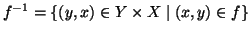 $f^{-1}=\{(y,x)\in Y\times X\mid (x,y)\in f\}$