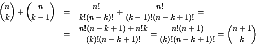 \begin{eqnarray*}
{n \choose k}+{n \choose k-1} & = &
\frac{n!}{k!(n-k)!}+\fra...
...(k)!(n-k+1)!} =
\frac{n!(n+1)}{(k)!(n-k+1)!} =
{n+1 \choose k}
\end{eqnarray*}