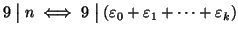 $ 9\mathrel{\big\vert}n \iff 9\mathrel{\big\vert}(\varepsilon _0+\varepsilon _1+\dots+\varepsilon _k)$