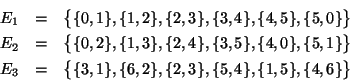 \begin{eqnarray*}
E_1 & = & \big\{ \{0,1\},\{1,2\},\{2,3\},\{3,4\},\{4,5\},\{5,...
... & \big\{ \{3,1\},\{6,2\},\{2,3\},\{5,4\},\{1,5\},\{4,6\} \big\}
\end{eqnarray*}