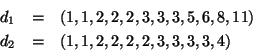 \begin{eqnarray*}
d_1 & = & (1,1,2,2,2,3,3,3,5,6,8,11) \\
d_2 & = & (1,1,2,2,2,2,3,3,3,3,4)
\end{eqnarray*}