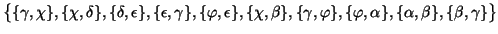 $\displaystyle \big\{
\{\gamma,\chi\}, \{\chi,\delta\}, \{\delta,\epsilon\}, \{\...
...mma,\varphi \},
\{\varphi ,\alpha\}, \{\alpha,\beta\}, \{\beta,\gamma\}
\big\}
$