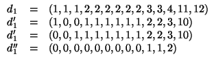 $\displaystyle \begin{array}{lcl}
d_1 & = & (1, 1, 1, 2, 2, 2, 2, 2, 2, 3, 3, 4,...
... 2, 2, 3, 10) \\
d_1'' & = & (0, 0, 0, 0, 0, 0, 0, 0, 0, 1, 1, 2)
\end{array}$