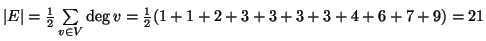 $ \left\vert E\right\vert=\frac{1}{2}\sum\limits_{v\in V}
\deg{v}=\frac{1}{2}(1+ 1+ 2+ 3+ 3+ 3+ 3+ 4+ 6+ 7+ 9)=21$