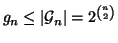 $ g_n\le \left\vert{\cal G}_n\right\vert = 2^{{n \choose 2}}$