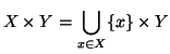 $\displaystyle X \times Y = \bigcup_{x\in X} \{x\}\times Y
$